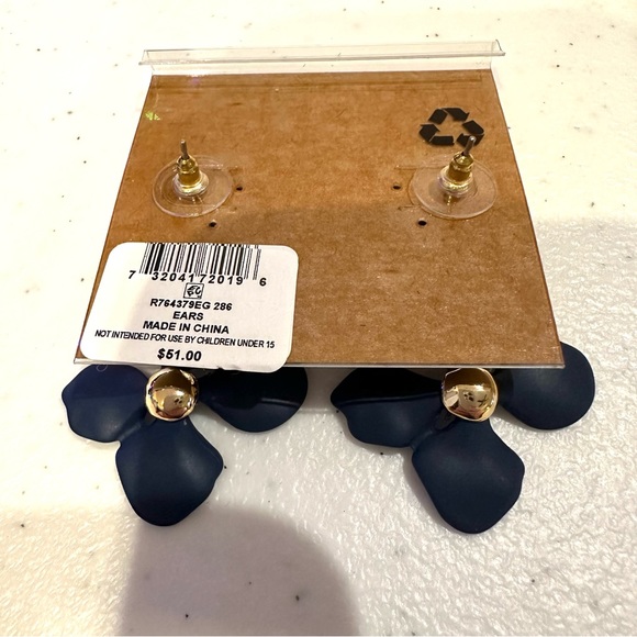 NWT RACHEL Rachel Roy Earrings Navy Blue Double Flower w/ center crystal - Picture 9 of 9